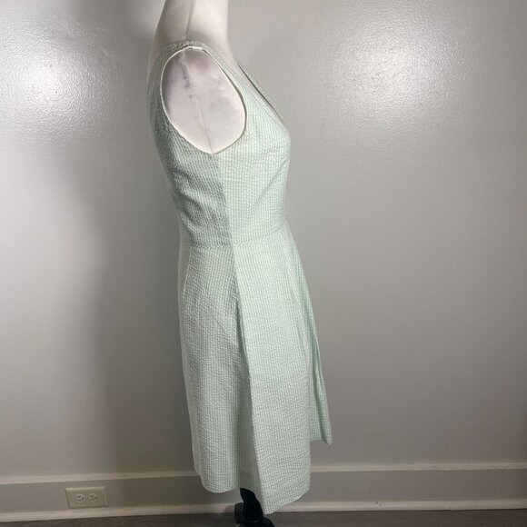 J. CREW A Line Dress Sz 0 Green White Seersucker Pleated Sleeveless Back Zip - Picture 13 of 16